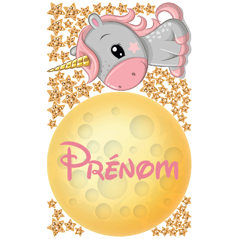 Sticker personnalisable prénom licorne girly sur la lune