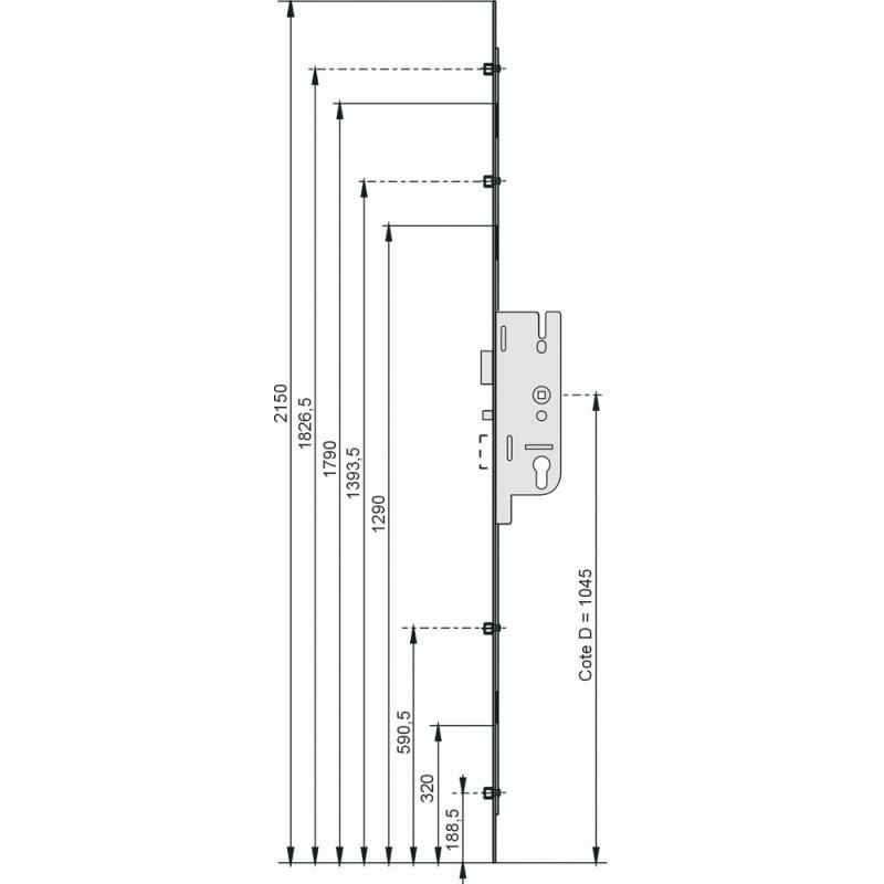 Crémone serrure tétière 16 mm à 4 galets axe 40 mm entraxe 70 mm gu