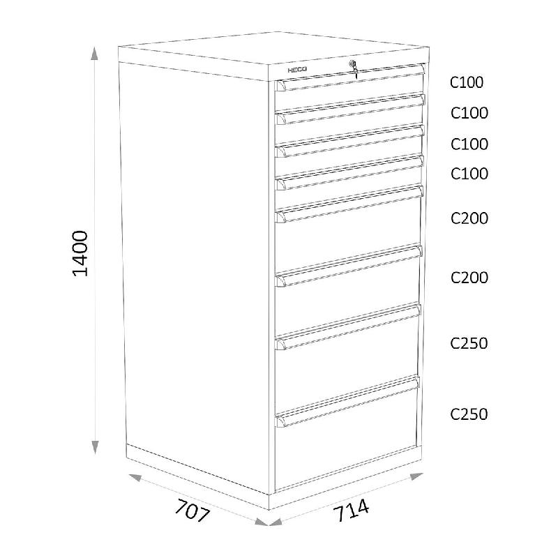 Armoires A Tiroirs Serie 115 - Largeur 714 mm Profondeur 707 mm Hauteur 700 / 1000 / 1300 mm Heco HE115433BL_0