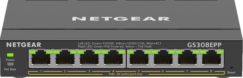 NETGEAR 8-Port Gigabit Ethernet High-Power PoE+ Plus Switch (GS308EPP) Géré L2/L3 Gigabit Ethernet (10/100/1000) Connexion Ethernet, supportant l'alimentation via ce port (PoE) Noir_0