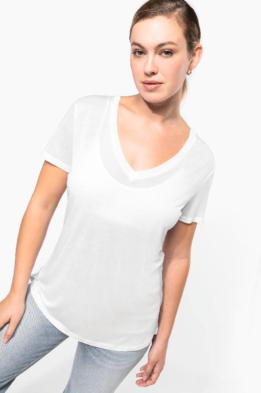 T-shirt Lyocell TENCEL  col V manches courtes femme - 145 g -  Réf: KNS323_0