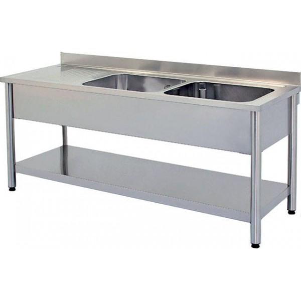 Plonge démontable sur pieds ronds avec étagère inox AISI 304 2 bacs à droite dimension bac: L 500 x P 400 x H 250 mm (Longueur, mm: 2000 - Réf DRPL206_0