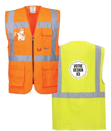 Gilet haute visibilité multi-poches personnalisable, Coloris et Taille : Orange Fluo 2XL, Sérigraphie : Dos_0