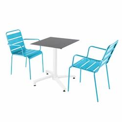 Oviala Business Ensemble table de terrasse stratifié ardoise et 2 fauteuils bleu - Oviala - bleu métal 110753_0
