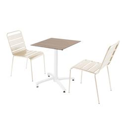Oviala Business Ensemble table de terrasse stratifié chêne clair et 2 chaises ivoire - blanc métal 110671_0