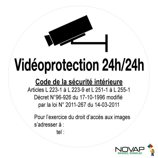 Panneaux adhésifs ronds diamètre 80 mm affichage obligatoire vidéoprotection - vidéoprotection 24h/24h - ADPNR-NV02/V24_0