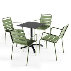 Oviala Business Ensemble table de terrasse stratifié noir et 4 fauteuils vert cactus - vert métal 108141_0