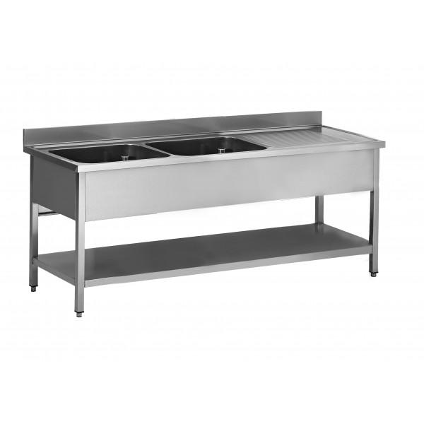 Plonge soudée sur pieds carrés avec étagère, inox ferritique, 2 bacs, longueur 2000 mm (Position bac: Gauche - Réf F-SPL207-2BG-ETP-1)_0