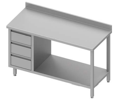 Table inox de travail adossée avec trois tiroirs  à gauche avec étagère 1400x700x900 - 930387140_0