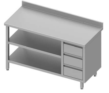 Table inox de travail adossée avec trois tiroirs  à droite et deux étagères 1600x700x900 - 930417160_0