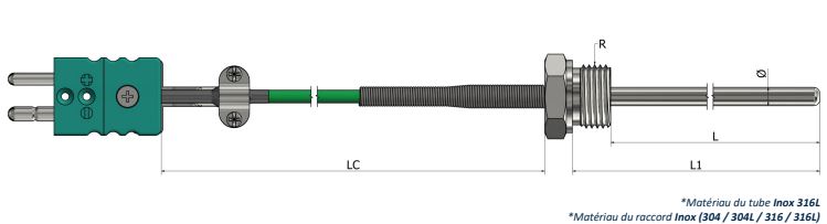 Thermocouple à visser Raccord fixe avec câble de prolongation et connecteur - TR11_0