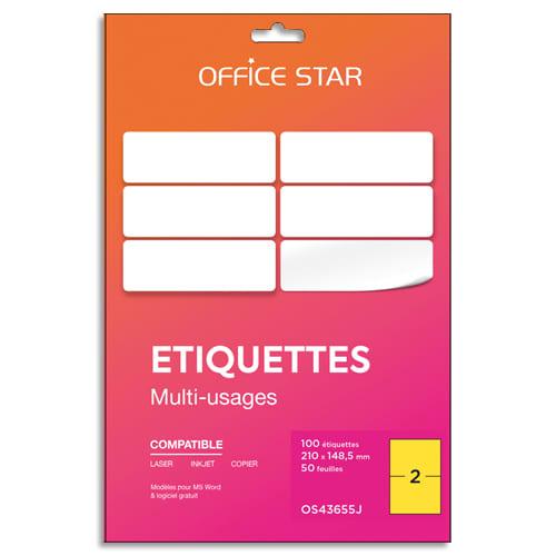 Office star boîte 100 étiquettes adhésives multiusage format a5 210x148mm. Planche a4. Coloris jaune_0