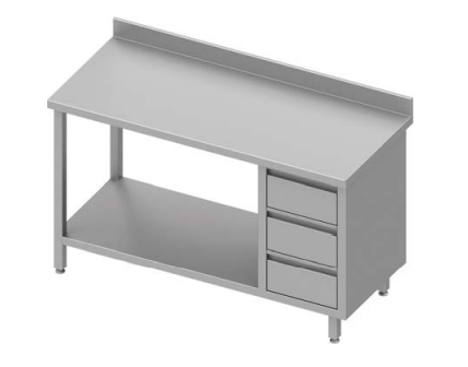 Table inox de travail adossée avec trois tiroirs  à droite avec étagère 1000x600x900 - 930396100_0