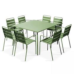 Oviala Business Ensemble table de terrasse carrée et 8 fauteuils en métal vert cactus  - Oviala - vert acier 106045_0