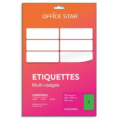 Office star boîte 50 étiquettes adhésives multiusage format a4 210x297mm. Planche a4. Coloris vert_0