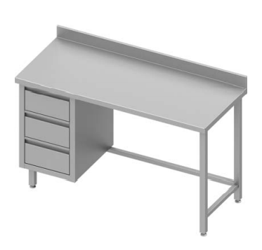 Table inox de travail adossée avec trois tiroirs  à gauche sans étagère 1300x800x900 - 930368130_0
