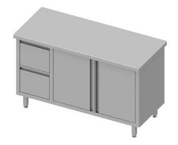 Meuble bas table de travail inox centrale avec deux tiroirs  à gauche portes battantes 1800x600x900 soudée - 932796180_0