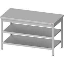 Cleiton® - Table centrale en acier inoxydable avec 2 étagères 1400x700x850 mm | Table de travail professionnelle en acier, table de 1 mm d'épaisseur_0
