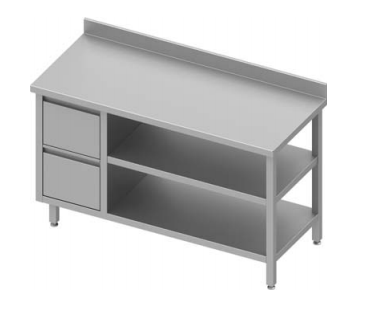 Table de travail inox adossée avec deux tiroirs  à gauche et deux étagères 1800x700x900 - 930287180_0