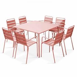 Oviala Business Ensemble table de terrasse carrée et 8 fauteuils en métal argile - Oviala - pink steel 109286_0