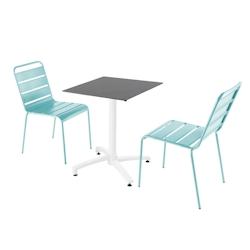 Oviala Business Ensemble table de terrasse stratifié ardoise et 2 chaises bleu turquoise - bleu métal 110681_0