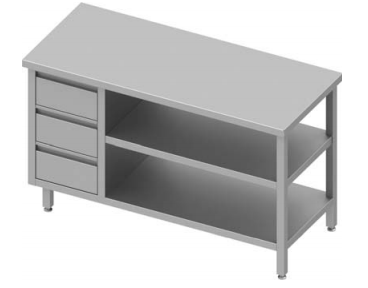 Table inox de travail centrale avec trois tiroirs  à gauche et deux étagères 900x600x900 soudée - 932876090_0