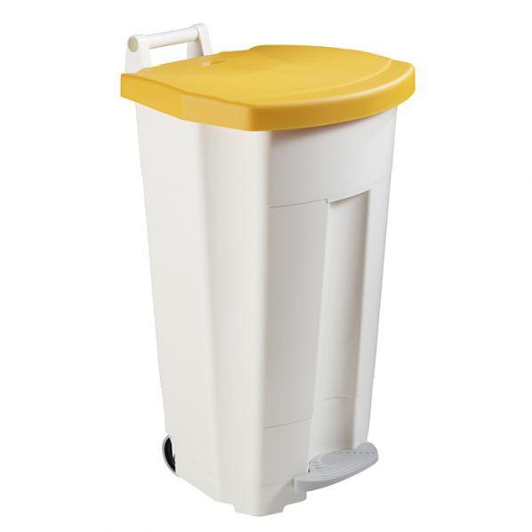 Poubelle mobile à pédale 90 litres Corps blanc / Couvercle jaune_0