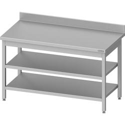 Romux® - Table adossée en acier inoxydable avec 2 étagères 1200x700x850 mm | Table de travail professionnelle en acier avec dosseret de 10 cm_0