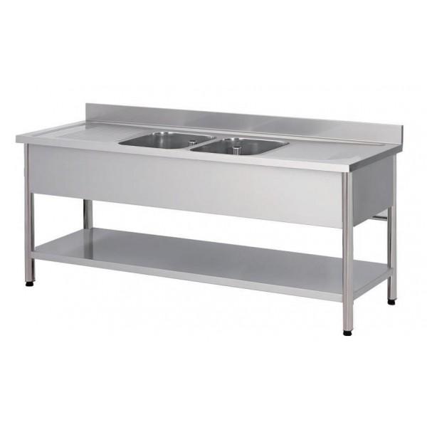 Plonge démontable sur pieds ronds avec étagère inox AISI 304 2 bacs 2 égouttoirs P 600 mm_0