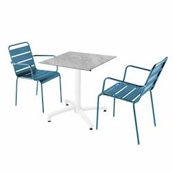 Oviala Business Ensemble table terrasse stratifié marbre et 2 fauteuils bleu pacific - bleu métal 110818_0