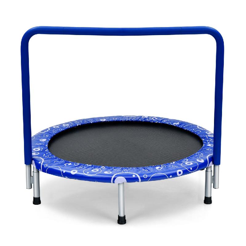 TRAMPOLINE ENFANTS PLIABLE DIAMÈTRE 92 CM AVEC HOUSSE DE SÉCURITÉ MATELASSÉE ET POIGNÉE RECOUVERTE INTÉRIEUR 150 KG BLEU+NOIR 20_0006086_0