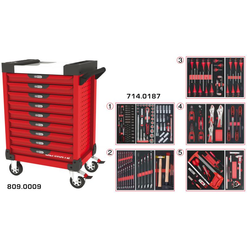 Servante PEARLline rouge 9 tiroirs équipée de 187 outils - KS Tools | 809.9186_0