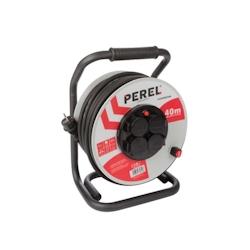 Perel Enrouleur de câble professionnel IP44, 40 m, 4 prises avec terre française, anti-torsion, protection thermique, gris/noir, intérieur/extérie_0