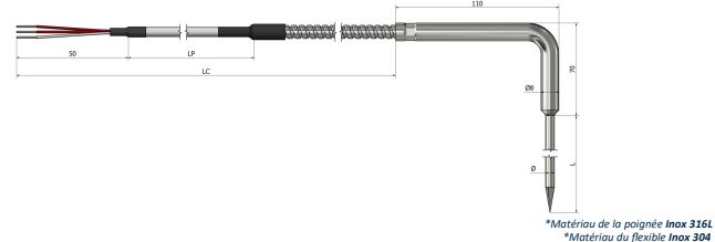 Sonde à résistance à piquer (RTD) Sortie flexible de prolongation (angle 90°)  PP32_0