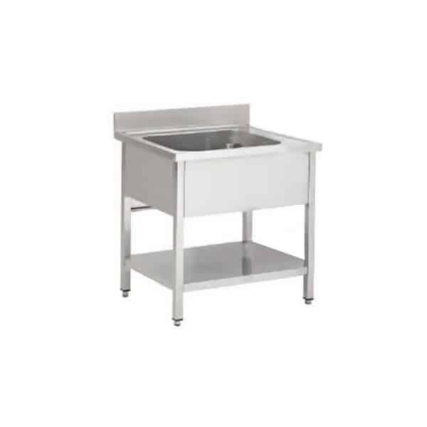 Plonge soudée sur pieds carrés avec étagère, inox ferritique, L - 900 mm, 1 bac au centre_0