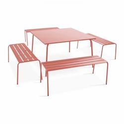 Oviala Business Ensemble table de jardin carrée et 4 bancs en métal argile - pink steel 109290_0