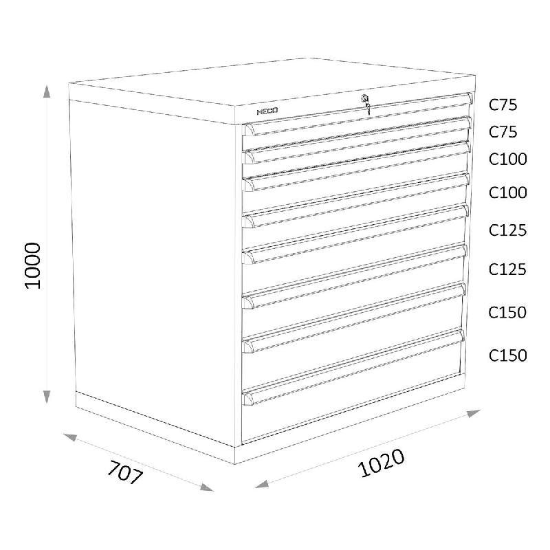 Armoires A Tiroirs Serie 119 - Largeur 1020 Mm Profondeur 707 Mm Hauteur 700 / 1000 / 1300 Mm Heco HE119235BL_0