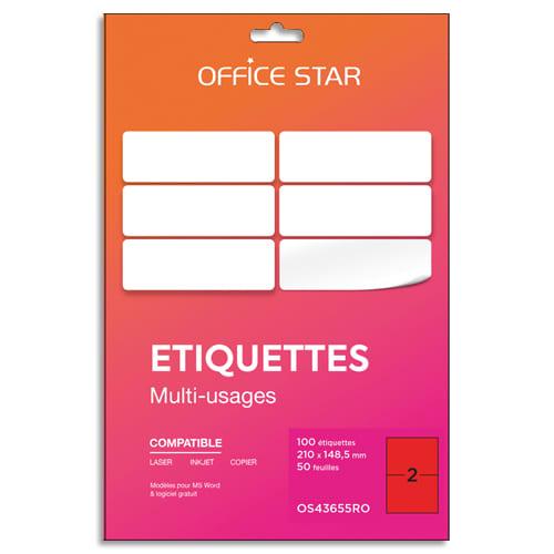 Office star boîte 100 étiquettes adhésives multiusage format a5 210x148mm. Planche a4. Coloris rouge_0