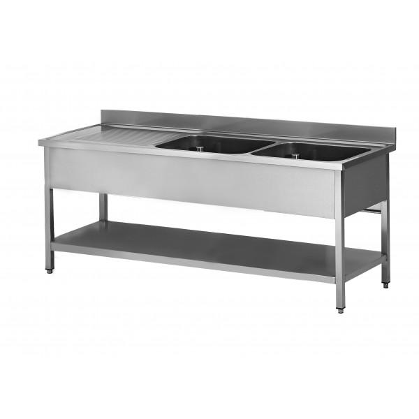 Plonge soudée sur pieds carrés avec étagère, inox AISI 304, 2 bacs à droite, dimensions bacs : L 400 x P 400 x H 300 mm (Longueur, mm: 1400 - Réf SPL1_0