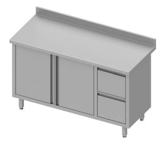 Meuble bas table de travail inox adossée avec deux tiroirs  à droite portes battantes 1200x700x900 - 930337120_0