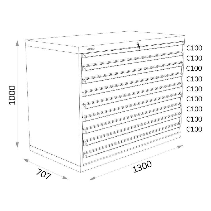 Armoires a tiroirs bleus serie 143 - Largeur 1300 mm Profondeur 707 mm Hauteur 700 / 1000 / 1300 mm Heco HE143437_0