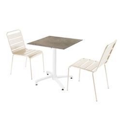 Oviala Business Ensemble table de terrasse stratifié marbre beige avec 2 chaises ivoire - blanc métal 110791_0