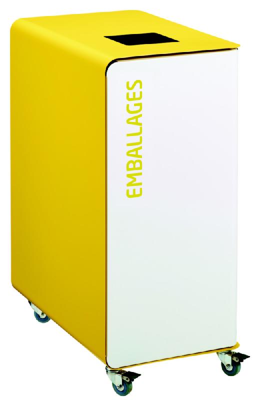 Borne de tri sélectif 90 L support-sac avec roulettes sans serrure - cubatri - blanc+jaune colza - emballages - ouverture 170x170mm_0