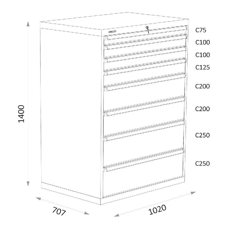 Armoires A Tiroirs Serie 119 - Largeur 1020 Mm Profondeur 707 Mm Hauteur 700 / 1000 / 1300 Mm Heco HE119434BL_0