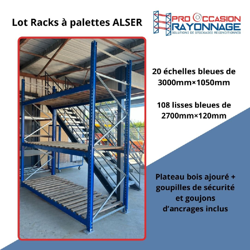 Racks à palettes - Longueur 53300 mm, Hauteur 3000 mm, Profondeur 1050 mm, 3 niveaux - Alser d'occasion_0