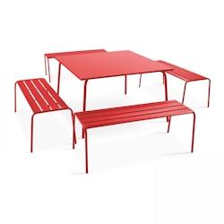 Oviala Business Ensemble table de jardin carrée et 4 bancs en métal rouge - rouge acier 105033_0