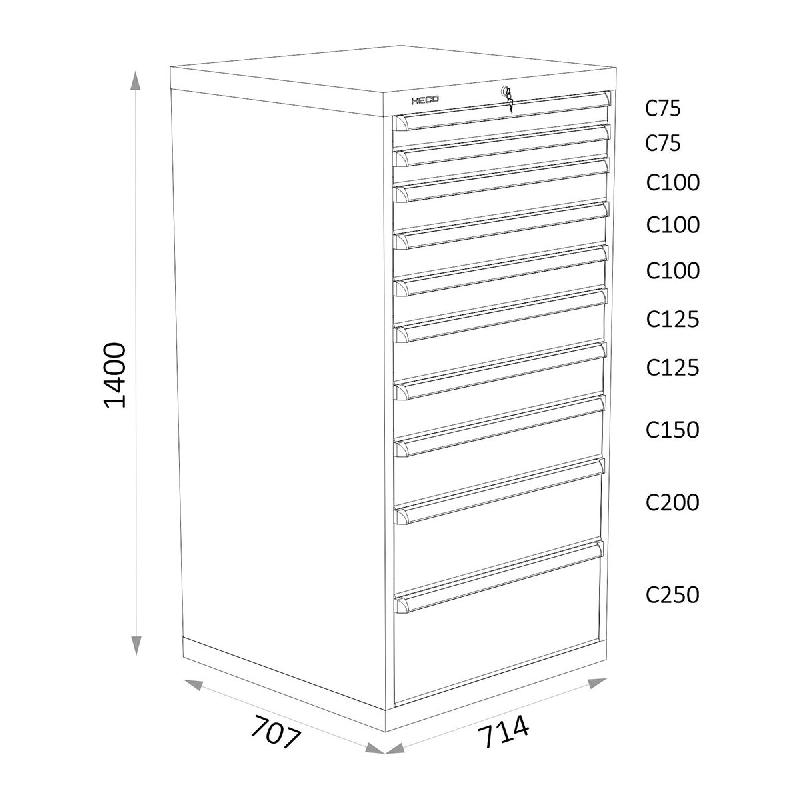 Armoires A Tiroirs Serie 115 - Largeur 714 mm Profondeur 707 mm Hauteur 700 / 1000 / 1300 mm Heco HE115424BL_0