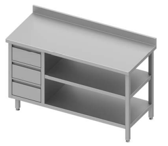 Table inox de travail adossée avec trois tiroirs  à gauche et deux étagères 1600x600x900 - 930406160_0