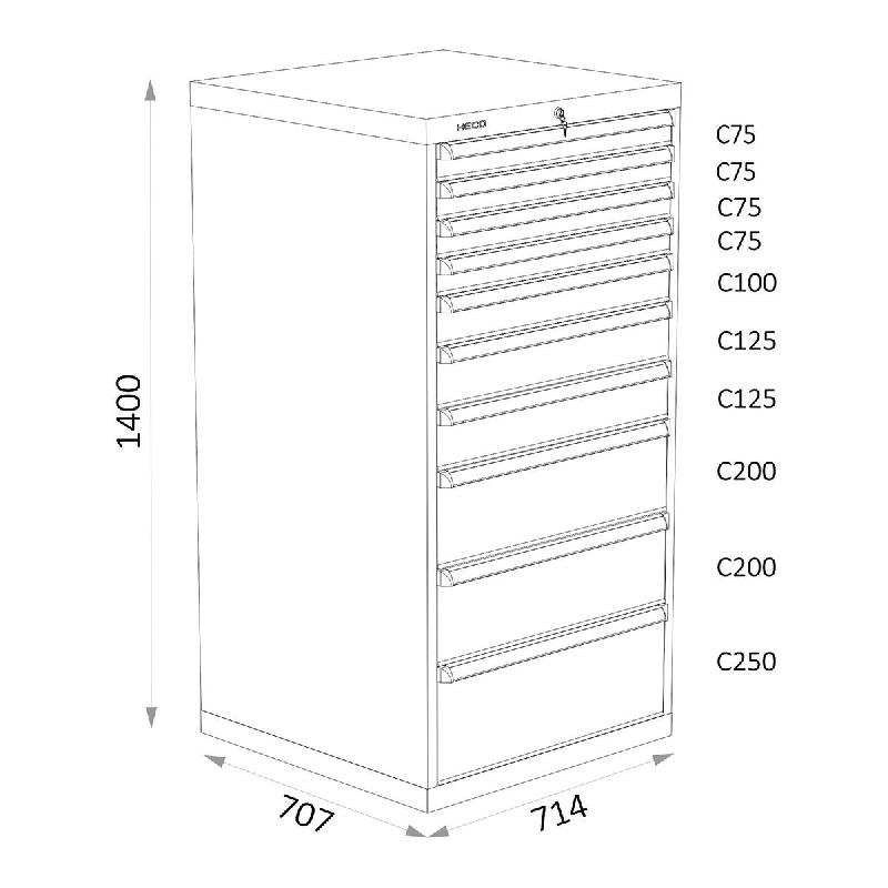 Armoires A Tiroirs Serie 115 - Largeur 714 mm Profondeur 707 mm Hauteur 700 / 1000 / 1300 mm Heco HE115435BL_0