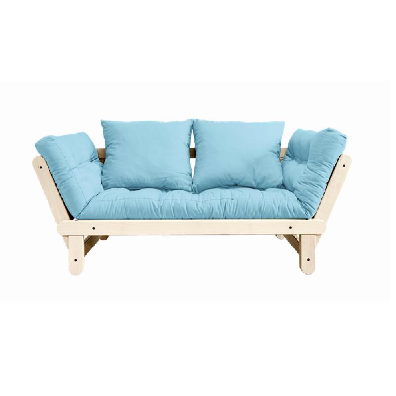 BANQUETTE MÉRIDIENNE FUTON BEAT PIN NATUREL TISSU BLEU CLAIR COUCHAGE 75*200 CM._0